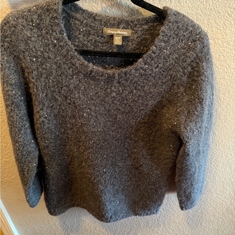 Tommy Bahama Sequin Sweater Alpaca Mohair Blend Fuzzy Knit Gray M Medium